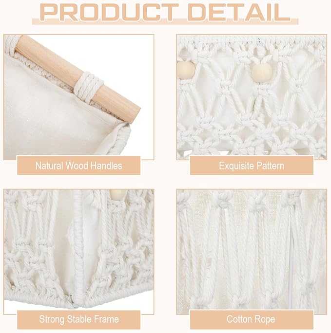 Vesici 4 Pcs Boho Macrame Storage Basket for Shelves 13" 11" Neutral White Storage Basket Hand Woven Box with Wood Handles Beads Decorative Countertop Toilet Cabinet Organizer for Home Decor