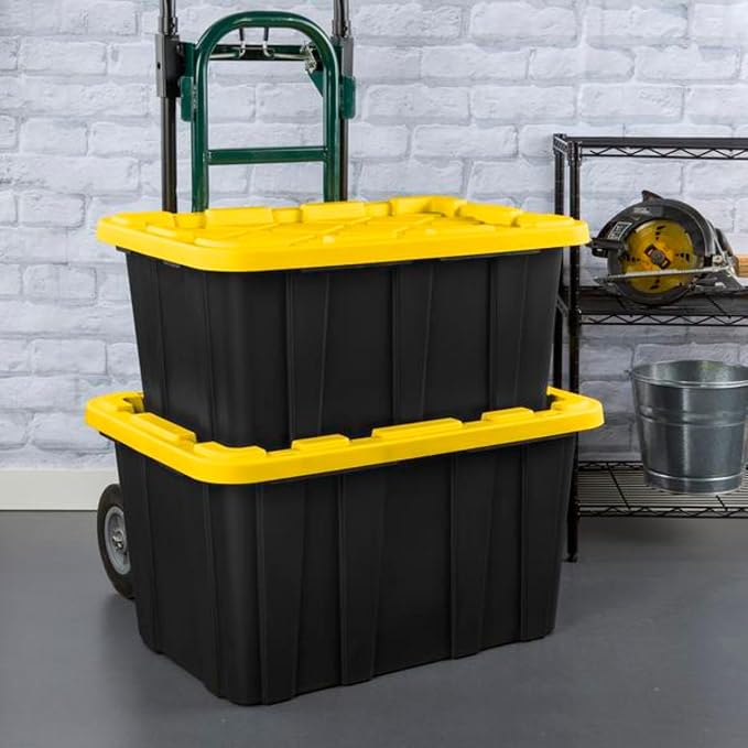 Sterilite Industrial Storage Tote with Lids for Garage, 27 Gallon, 12-Pack | Heavy-Duty and Stackable Utility Box Containers for Home, Office, and Basement Organization, Black/Yellow