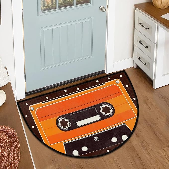 Cassette Half Round Door Mat Semi Circle Rug Half Moon Doormat | Soft Washable Retro Orange Welcome Entrance Mat for Outdoor Indoor Floor Bedroom Bathroom Home Kitchen Festival Decor
