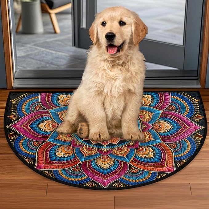 Flower Half Round Door Mat Semi Moon Rug Fireplace Carpet Area Rugs | Boho Geometric Non Slip Absorbent Half Circle Mat Carpet for Indoor Outdoor Patio Kitchen Bathroom Entryway Home Decor
