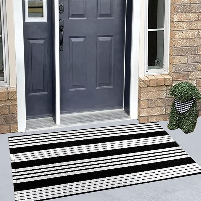 Striped Outdoor Rug 24'' x 51''Black and White Front Porch Mat, Cotton Washable Woven Layered Doormats for Entryway Bedroom
