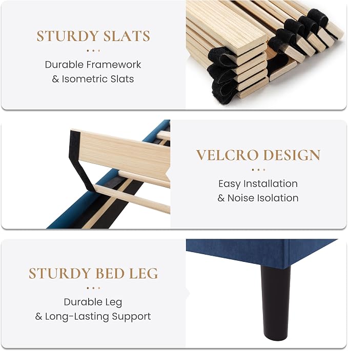 SHA CERLIN California King Bed Frame, Velvet Upholstered Bed with Adjustable Headboard, Vertical Channel Tufted Design, Sturdy Wood Slat Support, No Box Spring Needed, Easy Assembly, Blue