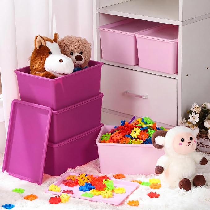 Menkxi 6 Pcs Storage Bins with Lids Small Plastic Storage Containers Stackable Storing Baskets Box Cute Organizer Bins for Organizing Shelves (Pink Series)