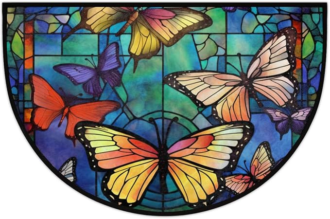 Half Round Door Mat Butterflies Portuguese Intdoor Entrance 36x24 Inch, Non-Slip Welcome Mat for Outdoor Semi Circle Bathroom Floor Rugs,House Entry Way Heavy Duty Doormat for Kitchen Living Room