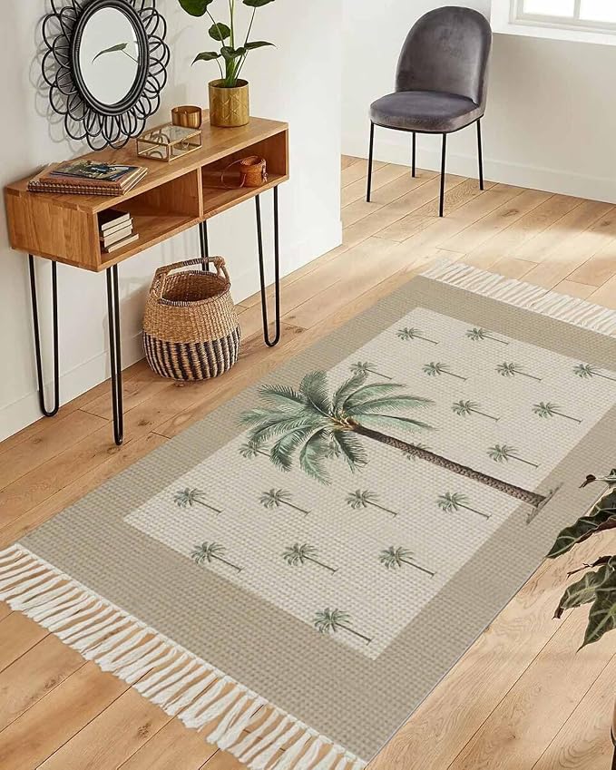 Tropical Palm Tree Runner Rug 3X5 Ft Bedroom Area Rug, Washable Woven Brown Summer Beach Plant Throw Carpet with Tassel, Non-Shedding Farmhouse Retro Green Botanical Dining Room Living Room Carpets