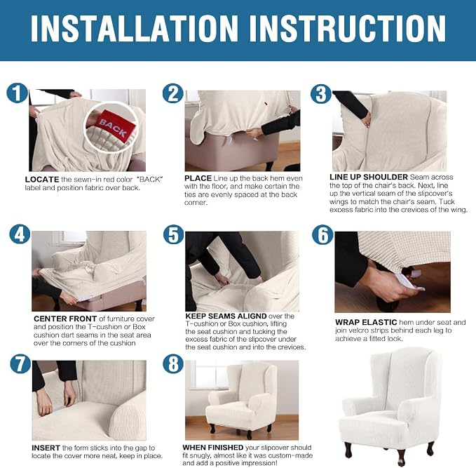 H.VERSAILTEX Wing Chair Slipcover Chair Covers for Wingback Chairs Wingback Chair Covers Slipcovers 1 Piece Stretch Sofa Cover Furniture Protector Soft Spandex Jacquard Checked Pattern, Ivory