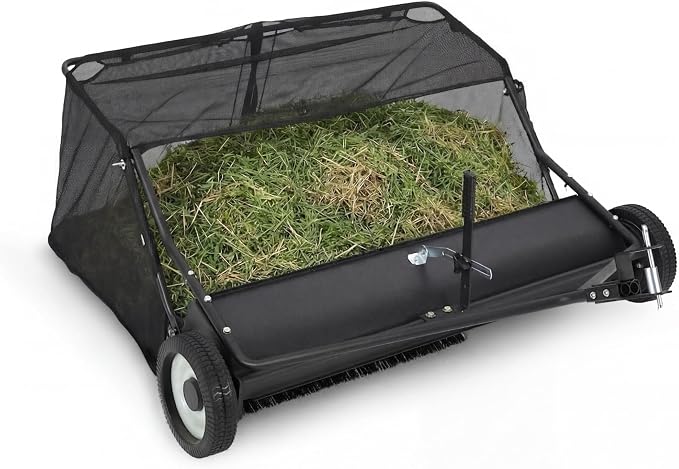 52-Inch Pull Behind Lawn Sweeper, Tow Behind Leaf & Grass Sweeper with Adjustable Brush Height, Large 26 Cu.ft. Hopper Bag, Folding Yard Sweeper for Lawn Tractor, Leaves, Grass Clippings & Debris