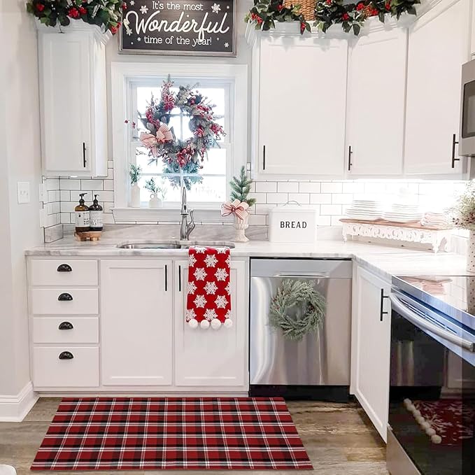 USTIDE Buffalo Plaid Cotton Handwoven Rug 2' x 4'3" Machine Washable Layered Front Porch Rug Red Black Checkered Farmhouse Entryway Mat Indoor Outdoor Door Mat for Patio Porch Christmas Holiday Decor