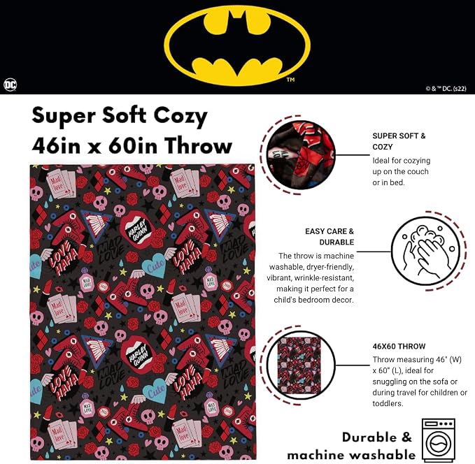 Batman DC Comics Joker & Harley Quinn Halloween Bedding Super Soft Cozy Plush Throw, 46 in x 60 in, (Officially Licensed Product) by Franco