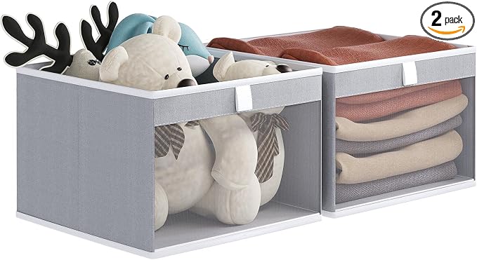 Linen Closet Organizers and Storage, Closet Storage Bins Basket Organizer, Foldable Organization Baskets with Mesh Window for Clothes Towels and Toys, 12.75" x 12.75" x 9", Gray, 2 pack