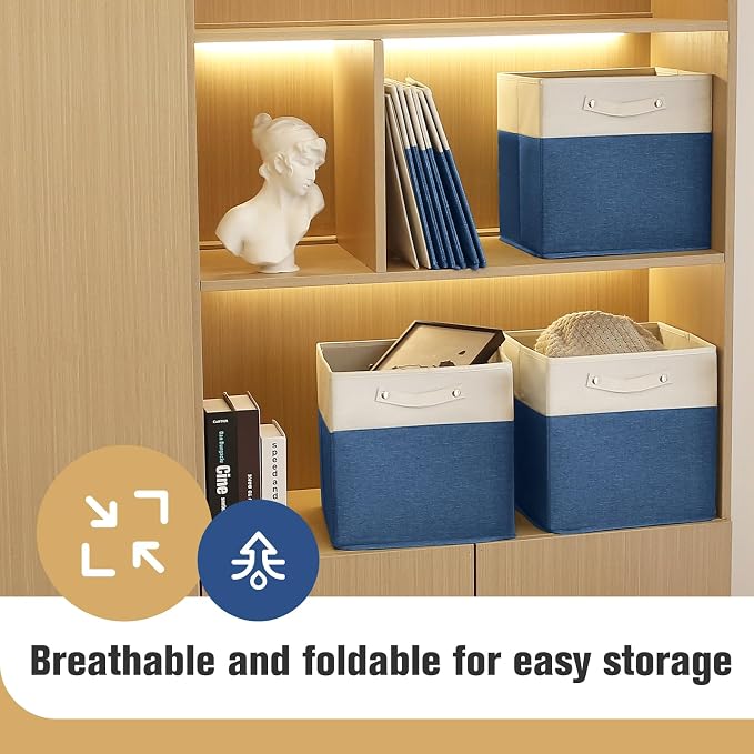 FinishingBo 13x13x13 Storage Cube Bins 6 Pack, Cube Shelf Baskets | Foldable Storage Cubes, Linen Storage Bins with Handles, Closet Organizers, White/Blue