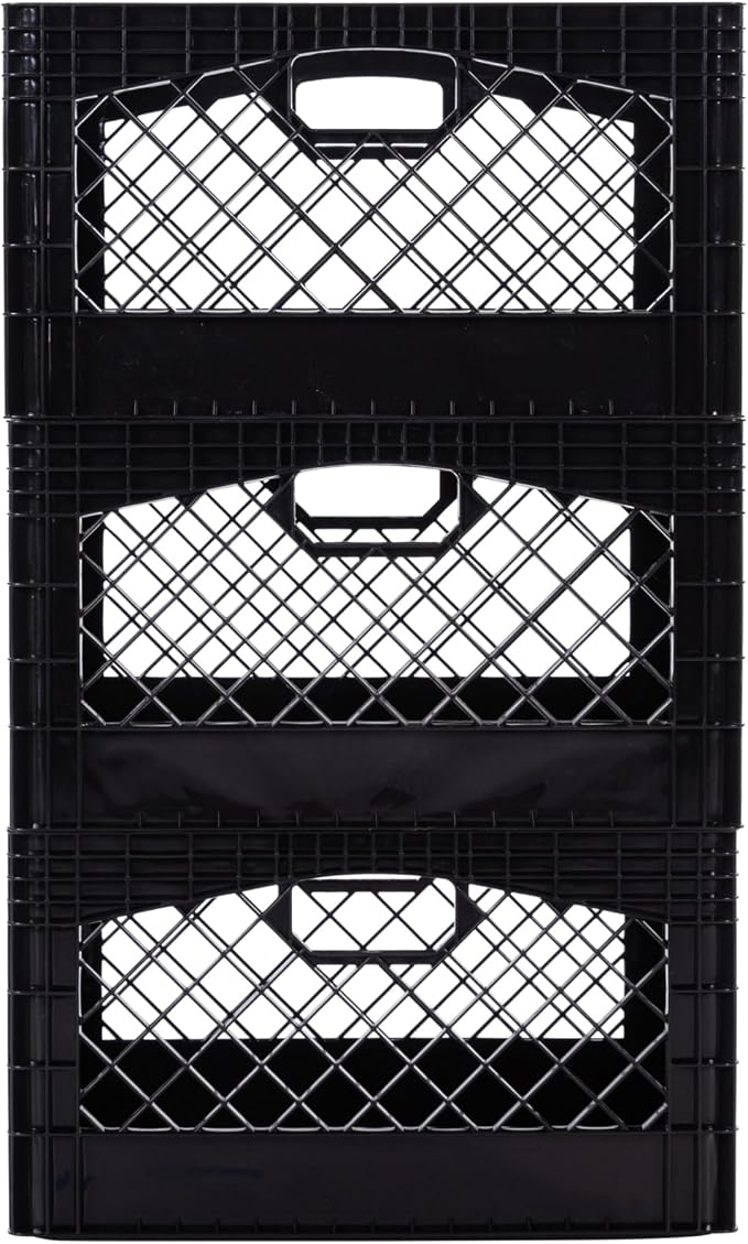 Rectangular Plastic Milk Crate Storage Tote with Handles, 24-Quart Stackable Organizer for Garage, Home, and Office, Made in the USA, 19" x 13" x 11" (3-Pack) - Black