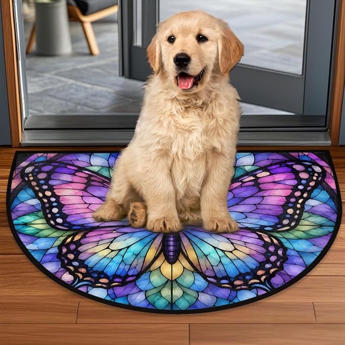 Butterfly Half Round Door Mat Outdoor Doormat Bedroom Entrance Rug A22 | Butterfly Semi Moon Door Mat Non-Slip Absorbent Kitchen Rug Indoor Welcome Bath Mat 36" X 24"