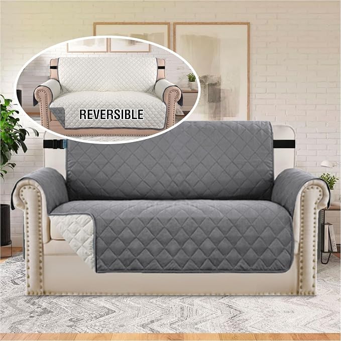 H.VERSAILTEX Loveseat Slipcover Reversible Loveseat Cover Seat Width Up to 54" Water Resistant Couch Cover with Elastic Strap Quilted Furniture Protector for Pets(Oversized Loveseat, Grey/Beige)