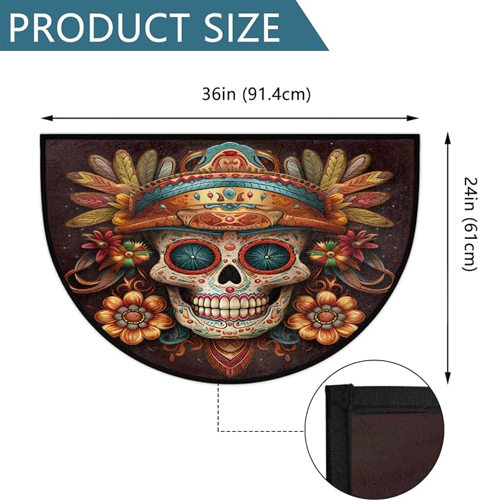Flower Skull Half Round Door Mat Non Slip Half Circle Rugs | Ethnic Goth Washable Half Moon Rug Semi Circle Rugs Indoor Entrance Floor Carpet for Kithen Bedroom Fireplace Decor