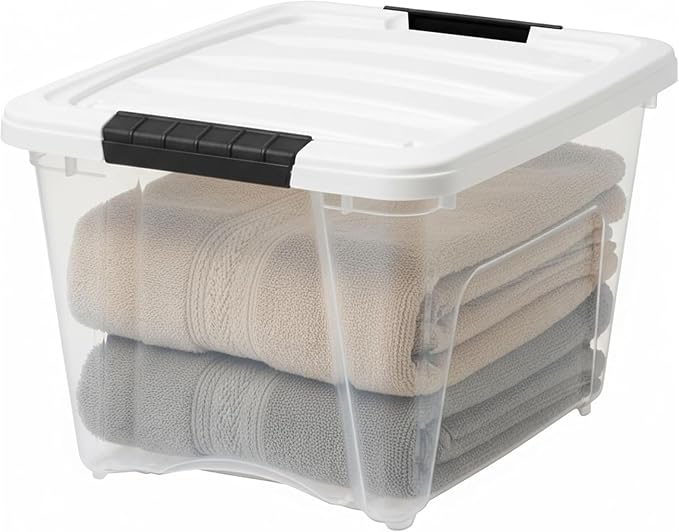 IRIS USA 19 Qt Stackable Storage Bins with Lids, 6 Pack, Clear Plastic | Clear BPA-free bins with secure latches organize crafts, toys, shoes, office supplies, pantry items, and closets.