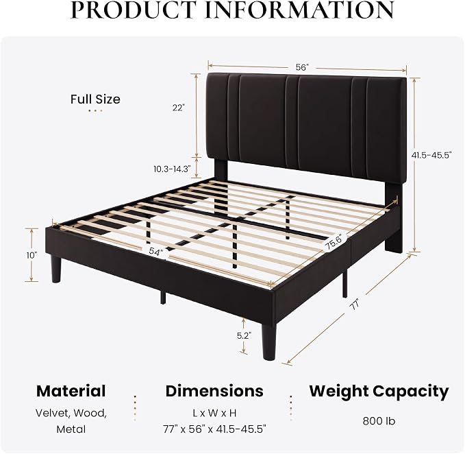SHA CERLIN Full Size Velvet Bed Frame with Adjustable Headboard, Black | Vertical Channel Tufted Design, Upholstered Platform Bed, Wood Slats Support/No Box Spring Needed/Easy Assembly