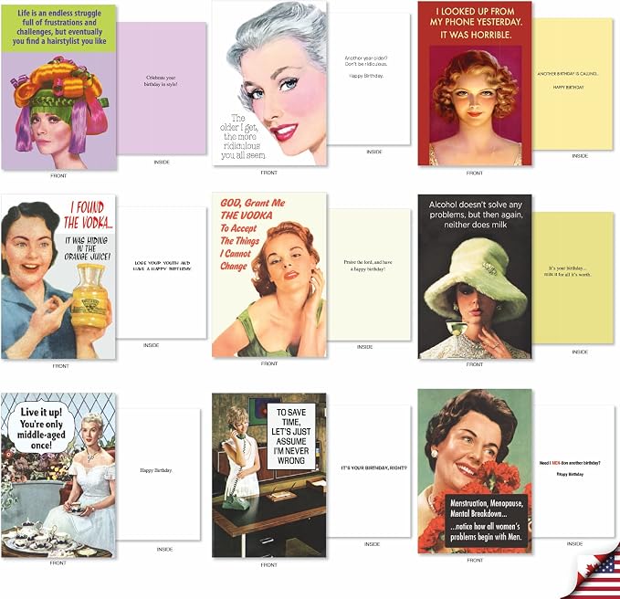 NobleWorks Vintage Femme Sassy Cards 36 Assorted Funny Birthday Cards, Mixed Vintage Retro Naughty Humor Women Bulk Box Set Envelopes (36 Designs, 1 Each) Ephemera Femme Festival AC9377BDG-B1x36