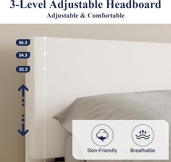 Allewie Queen Size Upholstered Bed Frame Adjustable Headboard, White | Platform Bed with Heavy Duty Mattress Foundation, Noise-Free, Easy Assembly, Wood Slat Support, No Box Spring Needed