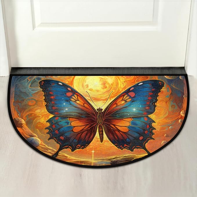 Half Round Door Mat Butterfly Solar System Intdoor Entrance 36x24 Inch, Non-Slip Welcome Mat for Outdoor Semi Circle Bathroom Floor Rugs,House Entry Way Heavy Duty Doormat for Kitchen Living Room
