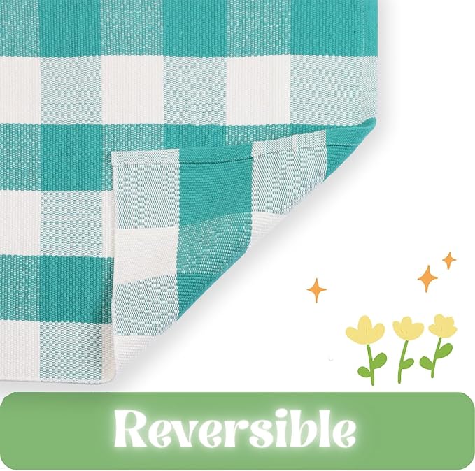 Ckorzen Green and White Plaid Rug, 4' x 6' Spring Outdoor Front Porch Door Decor Mat, Washable Cotton Woven Farmhouse Area Rug for Layered Door Mats Carpet, Entryway, Easter Décor