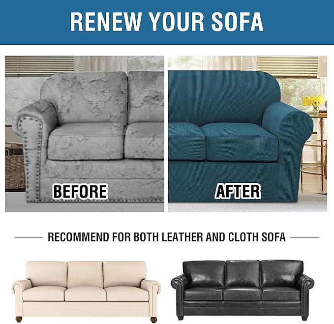 H.VERSAILTEX 4 Piece Stretch Sofa Covers for 3 Cushion Couch Covers for Living Room Furniture Slipcovers (Base Cover Plus 3 Seat Cushion Covers) Upgraded Thicker Jacquard Fabric (XL Sofa, Deep Teal)
