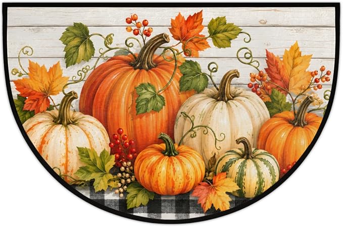Thanksgiving Half Round Door Mat Outdoor Doormat Bedroom Entrance Rug A4 | Autumn Pumpkin Thanksgiving Semi Moon Door Mat Non-Slip Absorbent Kitchen Rug Indoor Welcome Bath Mat 36" X 24"