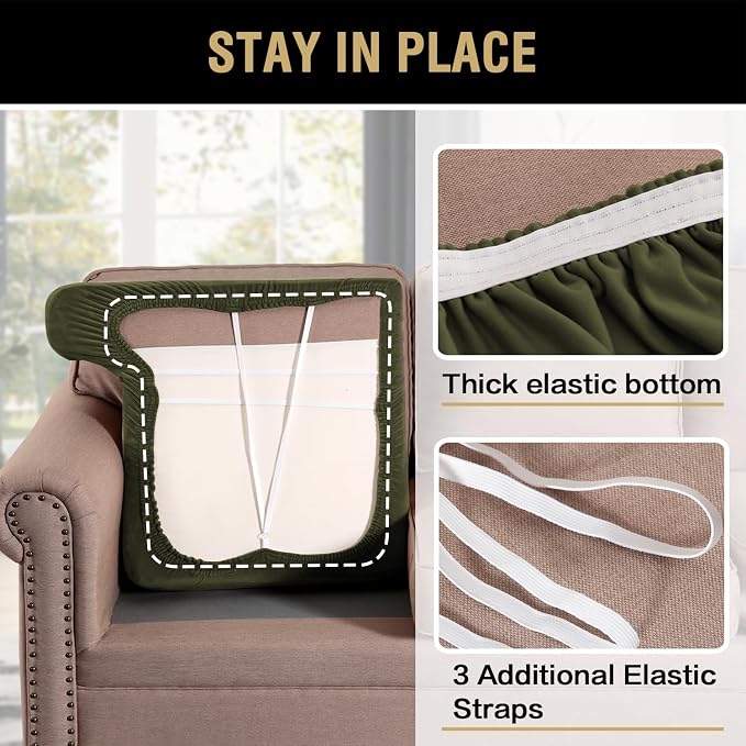 H.VERSAILTEX Stretch Velvet 2 Piece T Cushion Sofa Slipcovers for Living Room Individually Sofa Covers for 2 Cushion Seat Cushion Covers (Sofa, Olive)