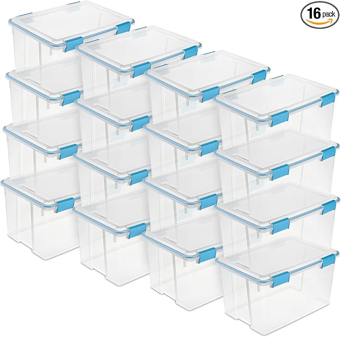 Sterilite 16-Pack Gasket Box, Weather-Resistant Storage Bins with Latching Lids, 54 Quart - Heavy-Duty Organizing Containers for Closet, Bathroom, and Office