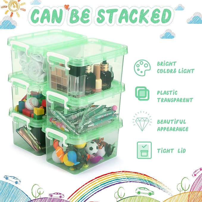 Wenqik 6 Pack Colorful Plastic Storage Bins with Lids 4 Quart Small Storage Latch Box Stackable and Nestable Clear Organizer Bins with Latching Handle and Buckle for Organizing(Green)