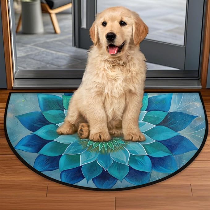 Teal Mandala Half Round Rug Half Moon Door Mat Half Circle Rugs | Floral Flower Washable Non-Slip Semi Circle Rug Welcome Half Round Door Mat Indoor Entrance Kitchen Bedroom Living Room Decor