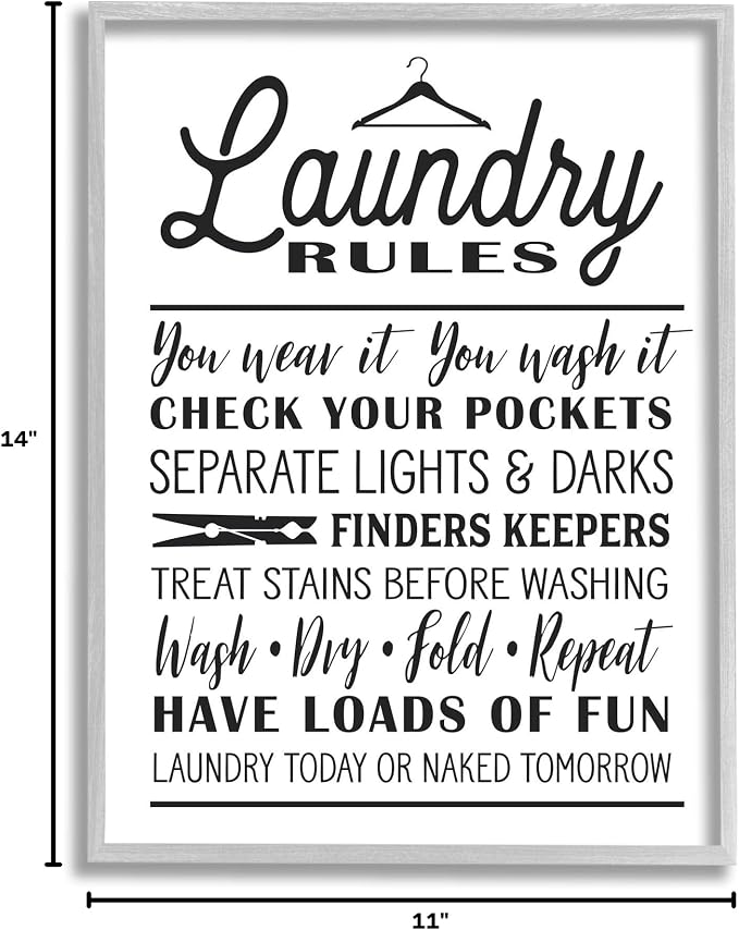 Stupell Industries 'Laundry Rules with Hanger Typography', Framed Giclee Art, Gray, 11 x 14 Inches, Easy to Hang and Sturdy, Made in USA, by Lettered and Lined
