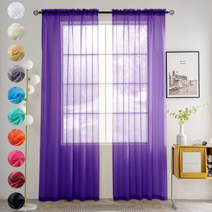 youleyar Solid Sheer Rod Pocket Curtain Voile Draperies 2 Panels White Beige Black Grey Coffee 52 Inch Width 72 Inch Long 1 Pair for Kitchen Bedroom Children Living Room Yard (Purple,52Wｘ72L)