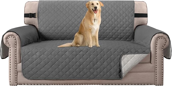 H.VERSAILTEX Reversible Couch Cover for 2 Cushion Couch Water Resistant Loveseat Washable Furniture Cover with Non-Slip Elastic Strap for Dogs, Pets, Kids(Oversized Loveseat, Charcoal Grey)