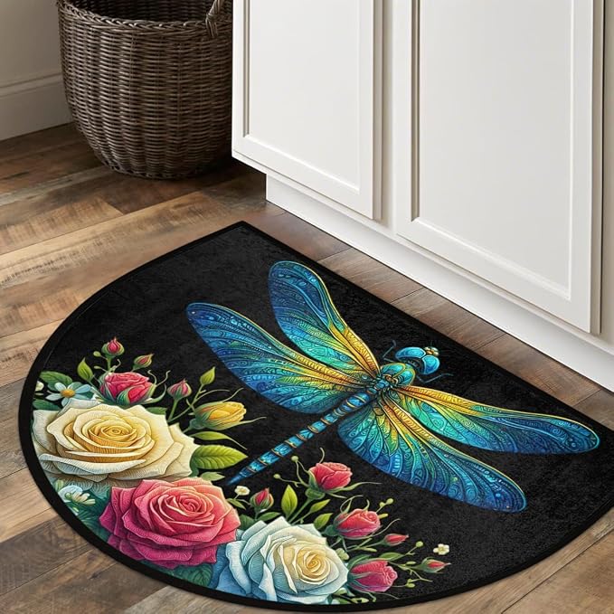 Floral Flower Dragonfly Half Round Door Mat Non-Slip Semi Circle Rug Washable Half Moon Floor Rug Absorbent Bathroom Area Rugs for Outdoor Indoor Fireplace Mat Entryway Kitchen Decor Rugs