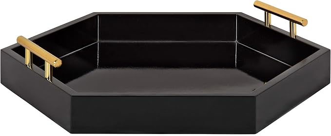 Kate and Laurel Lipton Modern Hexagon Decorative Tray, 18" x 18", Black with Gold Metal Handles