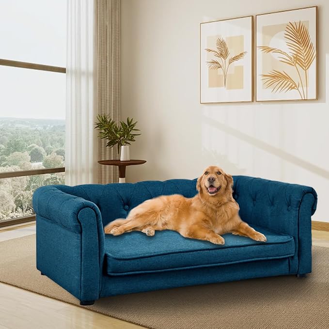 Dog Sofa for Small & Medium Dogs | Removable & Washable | No Assembly Required | Breathable Linen Fabric | Soft Foam Cushion |Floor-friendly sofa legs | Blue