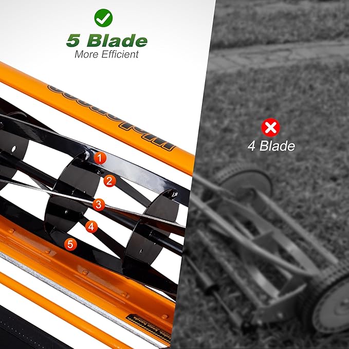 Walensee 20-Inch Manual Lawn Mower, 5-Blade Push Reel, 9 Heights | Precision-Ground Alloy-Steel Blades Deliver Clean Scissor-Like Cuts, While Manual Cordless Operation Keeps Lawn Care Quiet