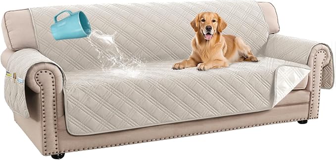 H.VERSAILTEX 100% Waterproof Sofa Covers for 3 Cushion Couch Modern Sofa Cover for Dogs XL Couch Covers for Oversized Sofa with Elastic Straps (Oversized Sofa, French Oak/Beige)