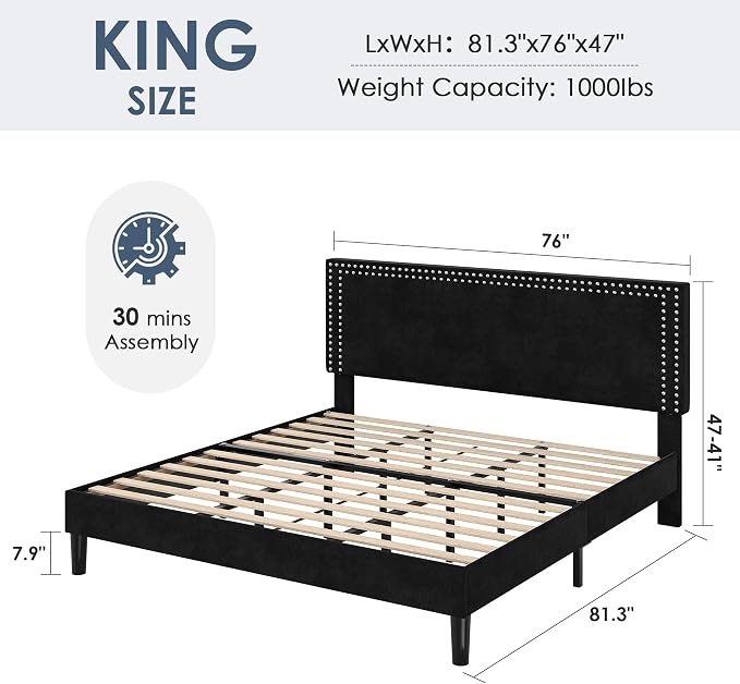VECELO King Bed Frame with Rivet-Tufted Headboard & Footboard, Upholstered Platform Bed with Wood Slats Support, No Box Spring Needed, Noise-Free, Easy Assembly, Black