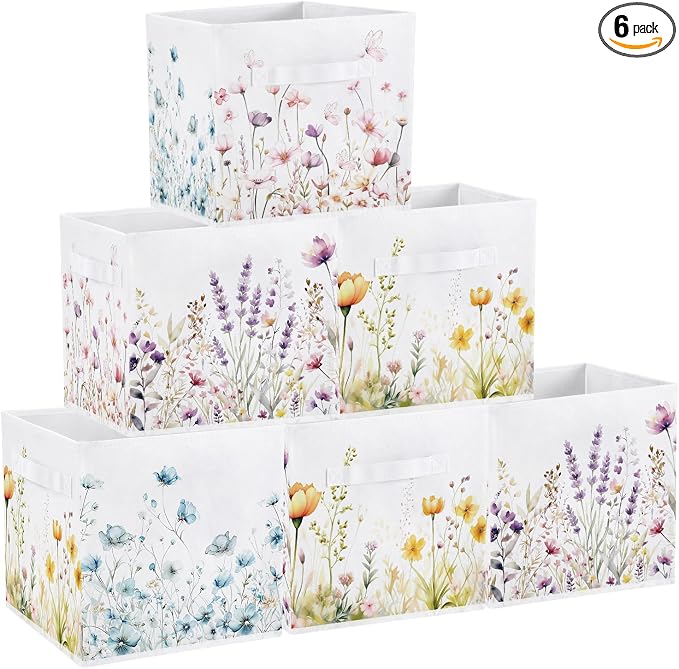 Geelin 6 Pcs WildFlower Cube Storage Bins 11 Inch White Storage Basket with Handle, Preppy Girls Organizer Basket, Collapsible Fabric Box for Classroom Bedrooms