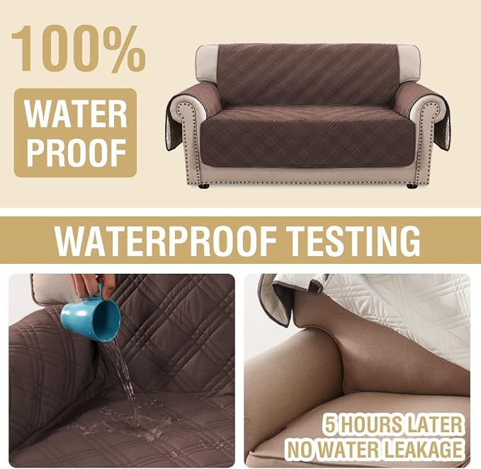H.VERSAILTEX 100% Waterproof Furniture Covers for Sofa and Loveseat Modern Sofa Covers Waterproof and Washable Thick Soft Couch Cover for Dogs with Elastic Straps (Loveseat, Brown/Beige)