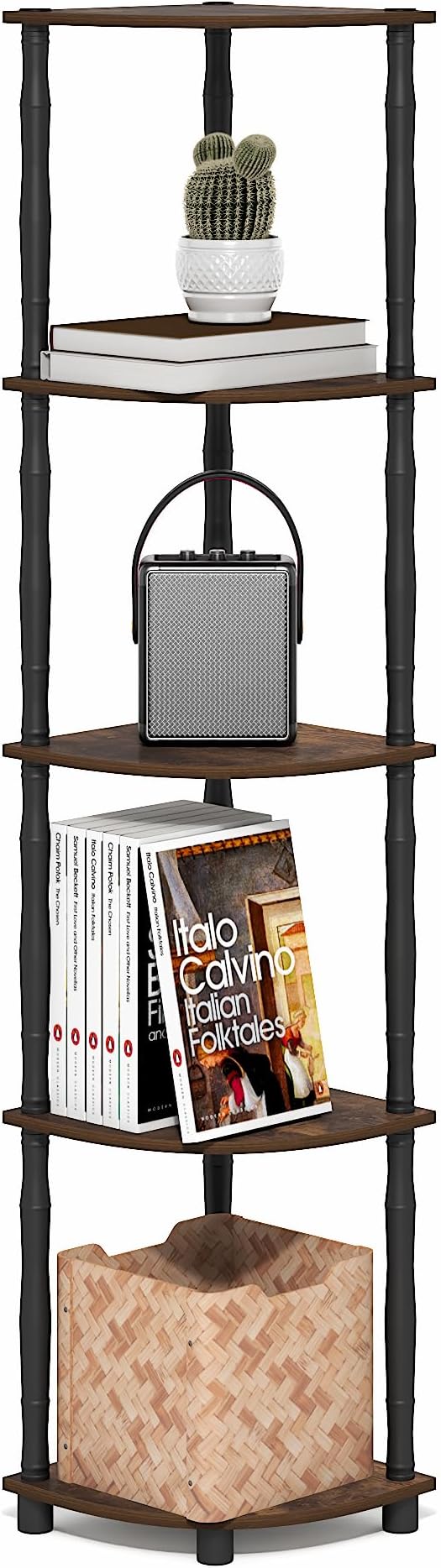 Furinno Turn-N-Tube Storage Shelves, 5-Tier Corner Book Shelf, Standing Corner Shelf, Toolless Open Shelves, Classic Tubes, for Organization and Storage, Living Room, Home Office, Amber Pine