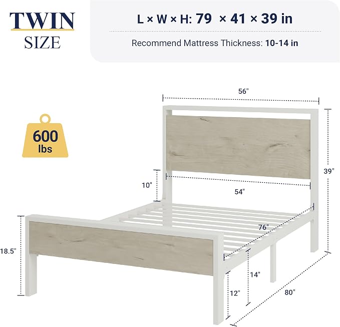 Allewie Twin Size Bed Frame, Heavy Duty 12 Metal Slats Support, White | Wooden Headboard and Footboard, Modern Platform Bed, No Box Spring Needed, Under-Bed Storage, Noise Free, Easy Assembly