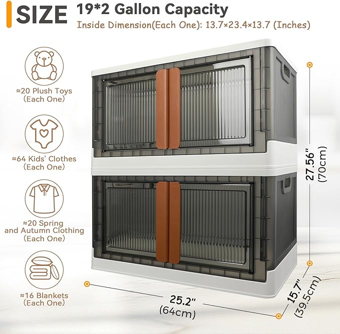 Storage Bins, Cabinet with Lids, Extra Large Useful Box, 19 Gallons (72L) Capacity (Each One), 2 Packs, Collapsible, Transparent, Home Organizer