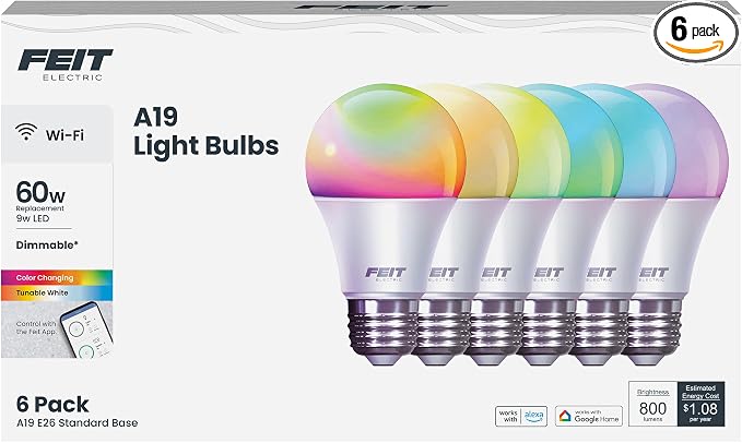 Feit Electric Smart Light Bulbs, A19 RGBW Color Changing - 60W Eq - 6 Pack | Wi-Fi 2.4GHz, Works with Alexa & Google, App Dimmable, E26 800 Lumens, Tunable White 2700-6500K, CRI 90, Wifi LED Lightbulbs
