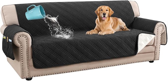 H.VERSAILTEX 100% Waterproof Sofa Covers for 3 Cushion Couch Modern Sofa Cover for Dogs XL Couch Covers for Oversized Sofa with Elastic Straps (Oversized Sofa, Black/Beige)