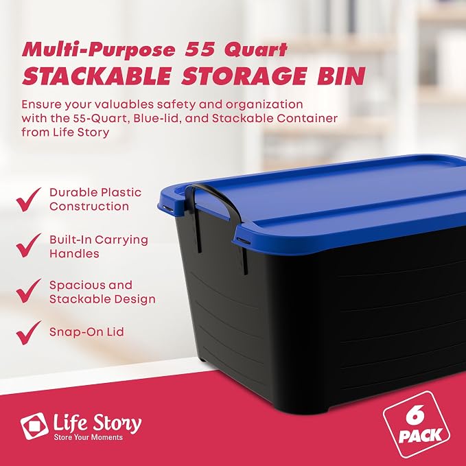 Life Story 6 Pack Heavy Duty Stackable Storage Bin, 55 Quart Home Organizer, Versatile Lightweight Locking Bins with Carrying Handles, Black/Blue