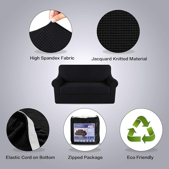 H.VERSAILTEX Loveseat Cover 2 Piece Furniture Protector Sofa Cover for Love Seat Fit Lovesat Width Up to 70 Inch, Durable Spandex Stretch Fabric Slipcover Suit for T/Box Cushion- Loveseat, Black
