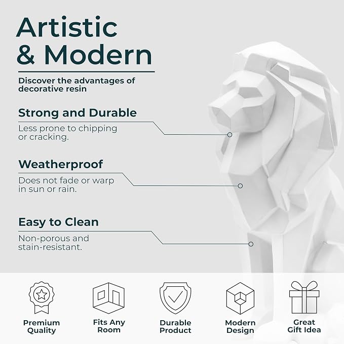 Sitting Lion Decorative Figurine – Tall Polyresin Decor Sculpture Accent – Geometric Figurines & Sculptures Home Decor for Office, Bedroom & Living Room – 11", White